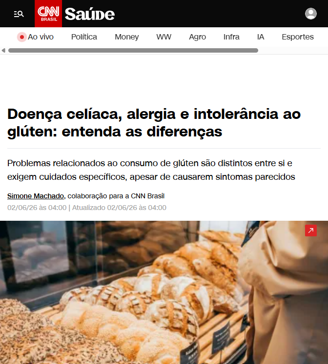Reportagem da CNN Brasil sobre doença celíaca, alergia e intolerância ao glúten